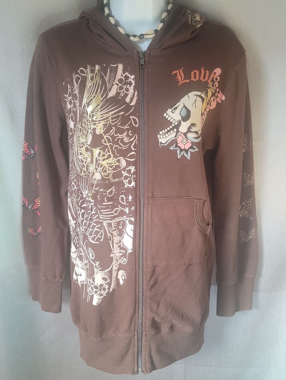 Womens Brown Graphic Zip-Up Hoodie Jacket